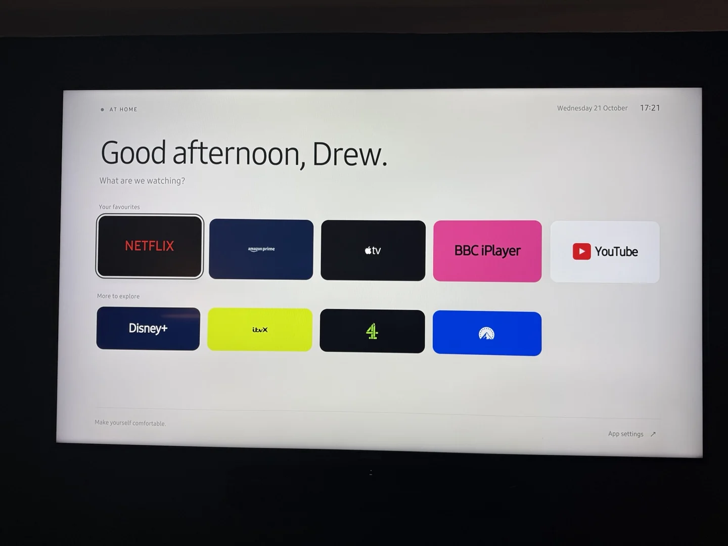 First DrewTV build with a personalised greeting, uneven tile heights and inconsistent service logos