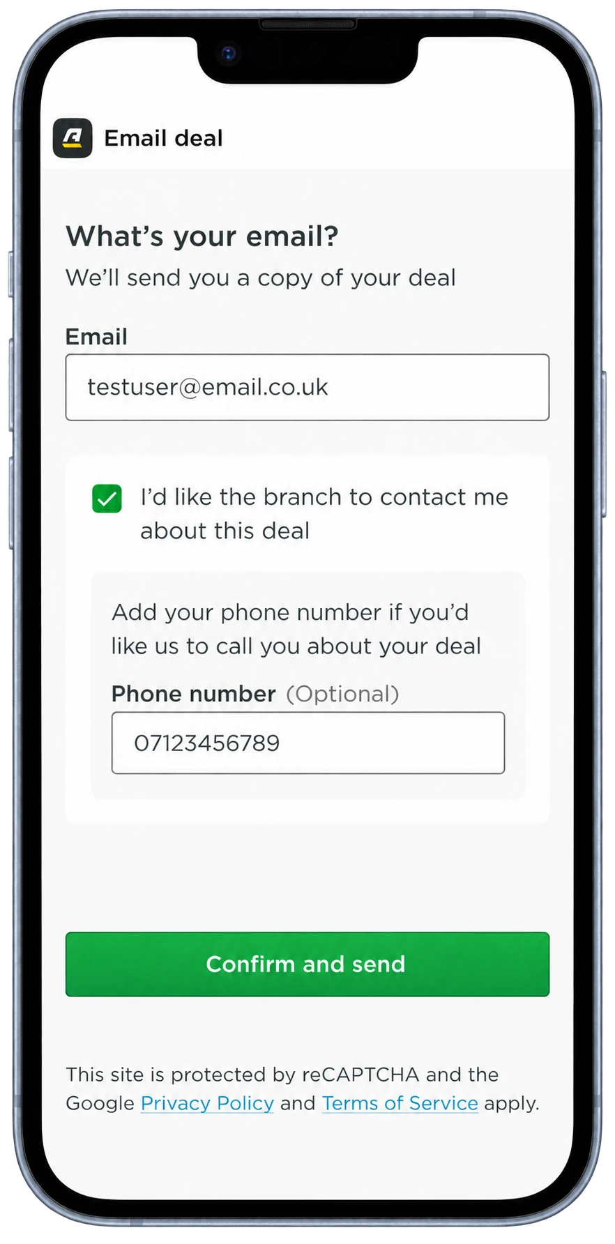 The optional phone-number field was added after
deal customisation, preserving the existing email journey.